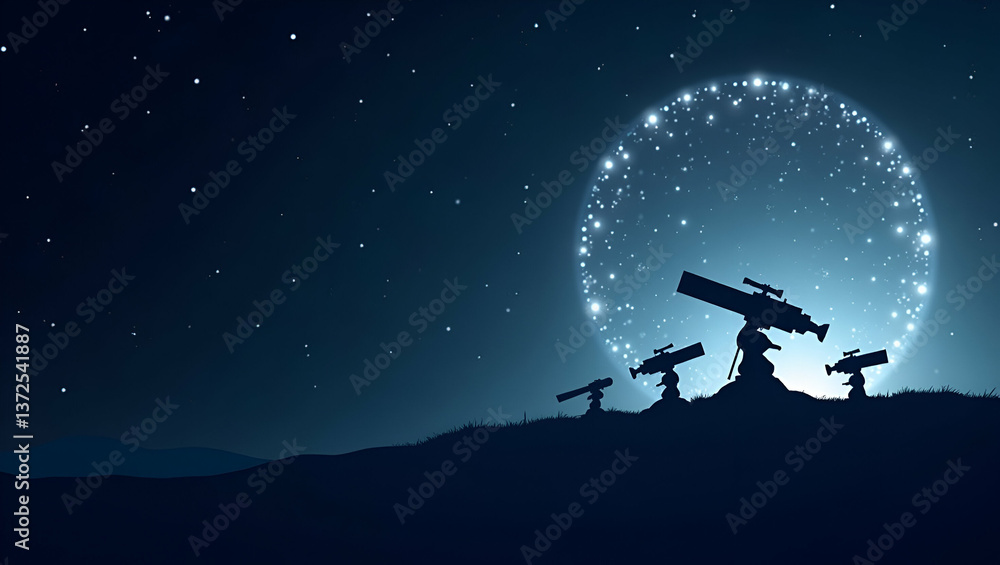 Naklejka premium Minimalist wallpaper design featuring abstract telescope silhouettes and starry digital overlays symbolizing space telescope missions advanced astronomical observations innovative optical technology i