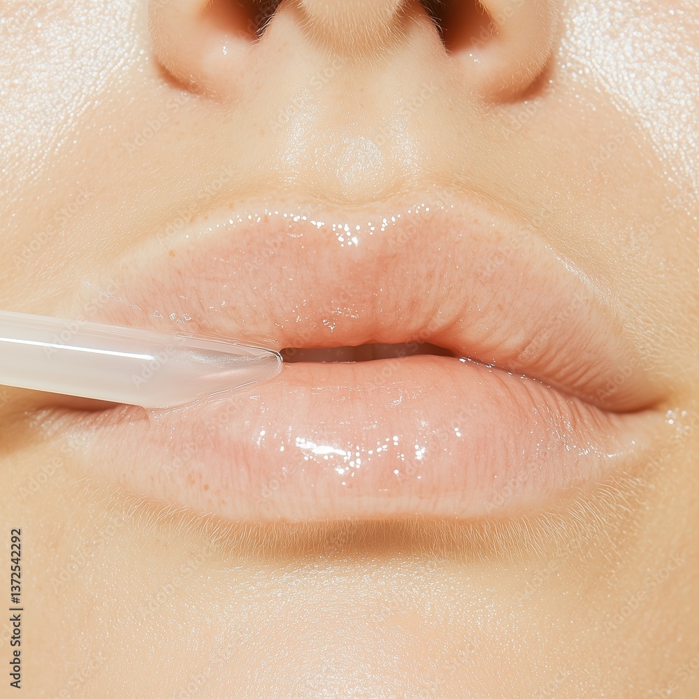 Fototapeta premium A close-up photo of a woman's lips, onto which a smooth, high-quality lip serum is gently applied. The clear, matte applicator tip glides over the lips, enhancing their natural shine and smoothness.