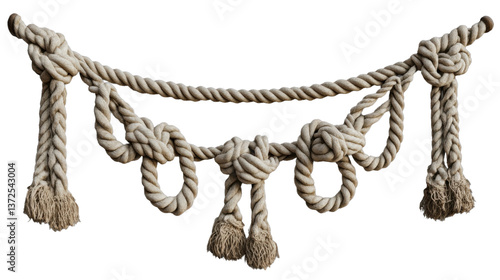 Close-up of a twisted jute rope tied in a knot with strong fibers, isolated against a white background, showing the strength and nautical connection of the cord