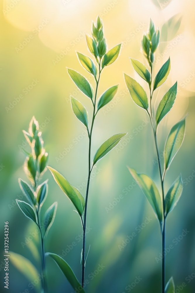 Fototapeta premium Serene close up of vibrant green plant stems with delicate leaves bathed in soft sunlight and bokeh background creating a calming and natural atmosphere