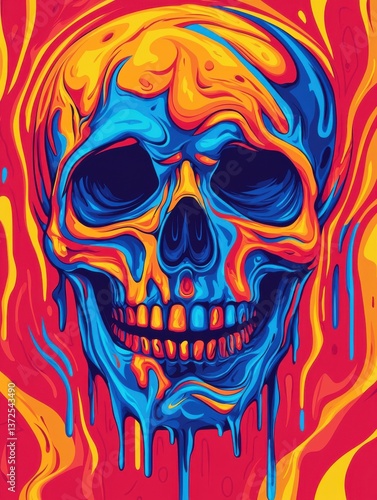 A vibrant and colorful skull illustration with swirling patterns and drips, capturing a psychedelic and artistic aesthetic.