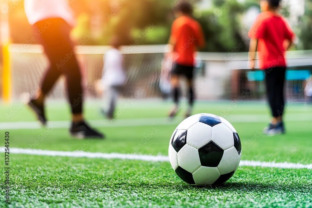 Soccer ball on green field with kids playing in the background Soccer ball on green field with kids playing in the background