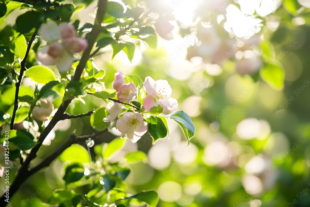 Obraz premium Spring blooms, pink flowers on branches, sunlit green leaves, blurry