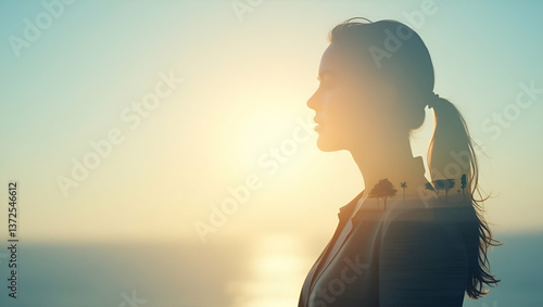 Photo Realistic Double Exposure of a Person Intertwined with a Sun Symbolizing Clean Energy and Sustainability - Ideal for Stock Photography with Copy Space