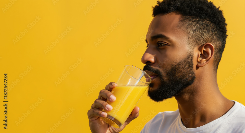 African American man drinking orange juice on yellow background. Healthy lifestyle and refreshment concept for beverage marketing African American man drinking orange juice on yellow background. Healthy lifestyle and refreshment concept for beverage marketing