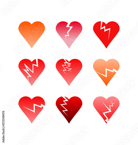 broken heart. Red Heart broken to two pieces vector illustration icon or logo, broken heart concept, breakup or divorce, heartbreak regret, separated couple, tragic love. Broken Red Heart Emoji.