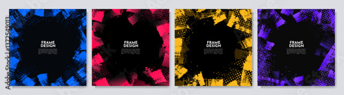 Vector illustration. Layered brush stroke with halftone dots. Hand drawn abstract frame on black color background. Design elements for social media template, web banner, blog post. Paint border