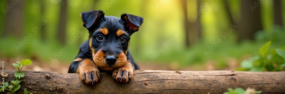 Small schnauzer puppy resting on wooden log in forest setting, adorable, pet, outdoor Small schnauzer puppy resting on wooden log in forest setting, adorable, pet, outdoor