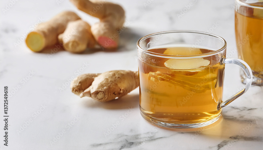 Ginger Tea - A glass teapot pouring golden ginger tea into a small cup, with steam rising against a cozy background Ginger Tea - A glass teapot pouring golden ginger tea into a small cup, with steam rising against a cozy background