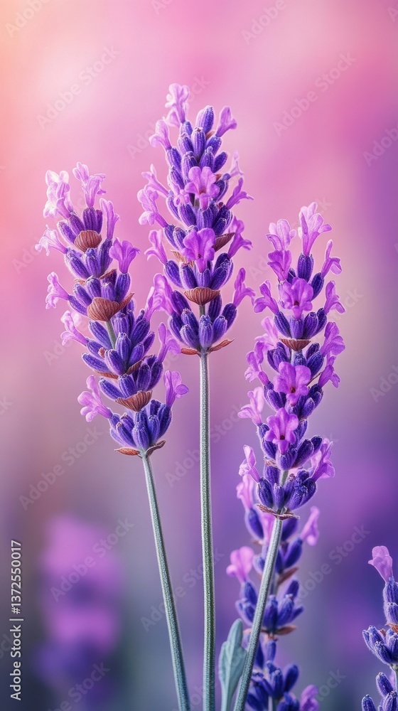 Obraz premium Captivating lavender blooms against a soft pink and purple backdrop showcasing delicate floral beauty and natural elegance for stock photography