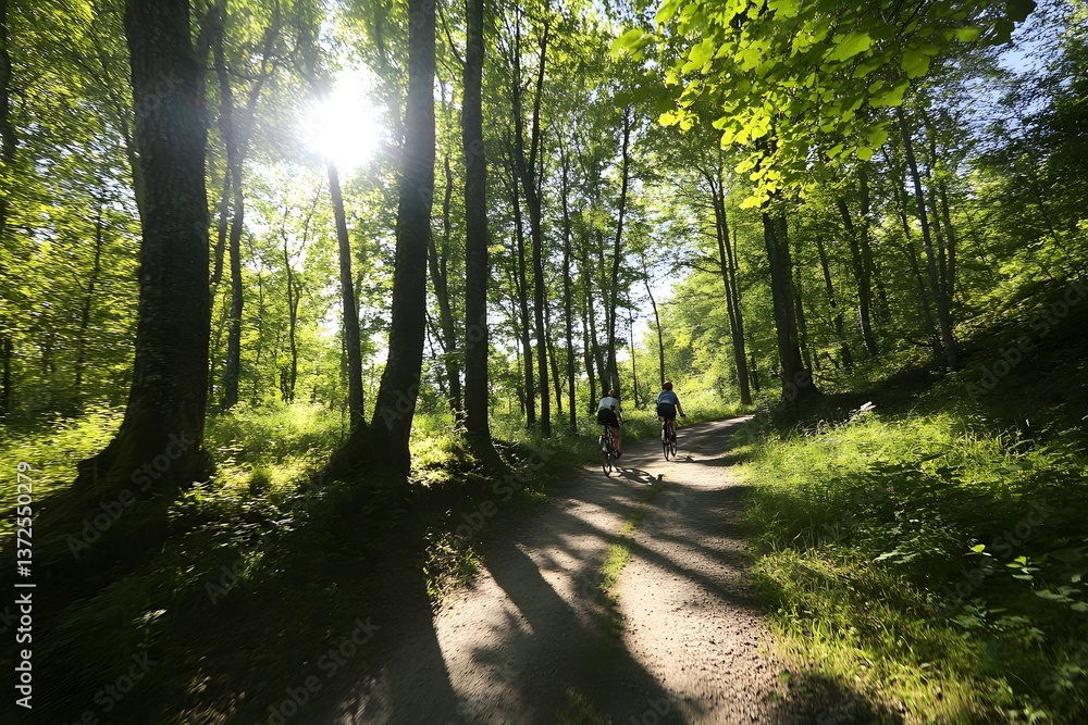 Fototapeta premium Sun shines on bikers riding trail through serene green forest path