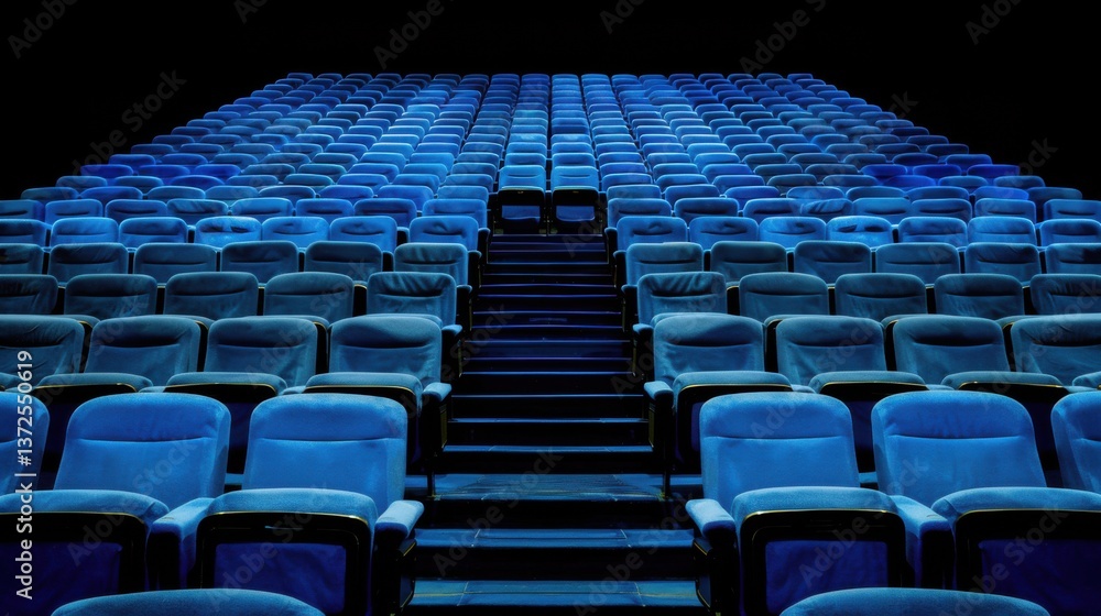 Naklejka premium A captivating image of empty blue theater seats, illuminated by a soft light, inviting viewers into a cinematic adventure filled with mystery and anticipation. 