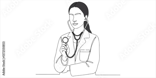 female general practitioner with stethoscope continuous single line art drawing sketch on white background