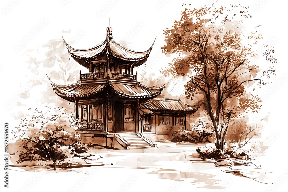 Serene Asian Pagoda in a Tranquil Garden Setting A Watercolor-Style Illustration. Serene Asian Pagoda in a Tranquil Garden Setting A Watercolor-Style Illustration.