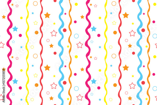 Multicolored stars Vertical wavy lines Seamless vector pattern Isolated background Wrapping paper Fabric wallpaper wallpaper polygraphy Repeating design Fabric print template