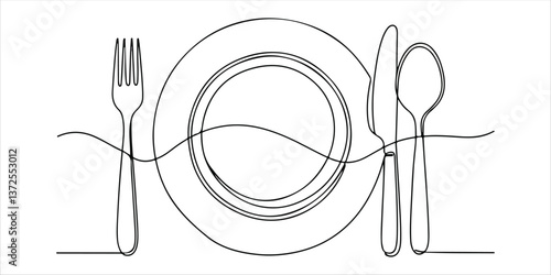 plate with fork knife and spoon continuous single line art drawing sketch on white background