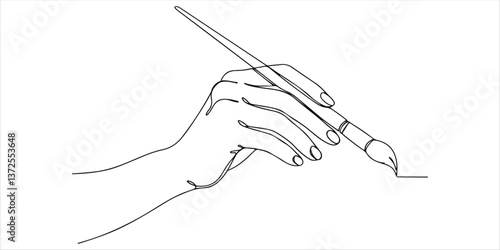 hand holding paintbrush continuous single line art drawing sketch on white background
