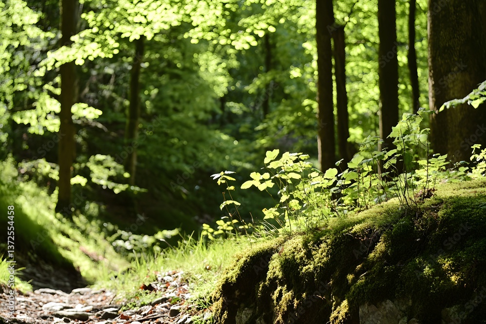 Fototapeta premium Sunlit path through a vibrant green forest, moss covered