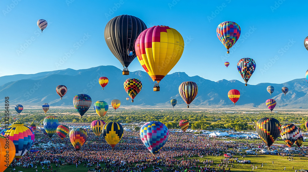 Obraz premium Colorful hot air balloons soar over a vast crowd, against a backdrop of mountains under a clear blue sky, showcasing a vibrant festival atmosphere of adventure and spectacle