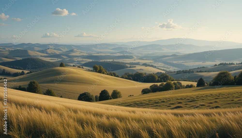 Fototapeta premium Serene Rolling Hills Under a Clear Blue Sky at Golden Hour