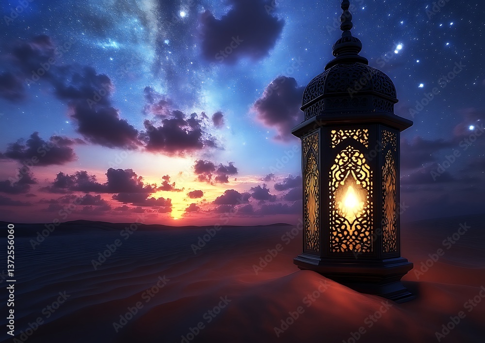 A beautiful ornamental lantern sits on the desert sands A beautiful ornamental lantern sits on the desert sands