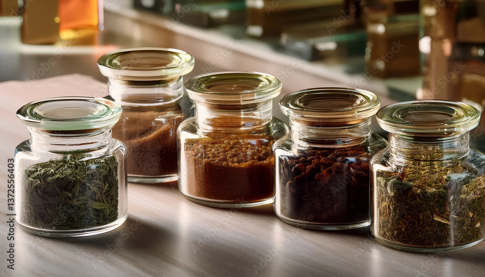 Loose Tea - A clean, airy display of assorted loose tea varieties in small glass containers, artistically arranged Loose Tea - A clean, airy display of assorted loose tea varieties in small glass containers, artistically arranged