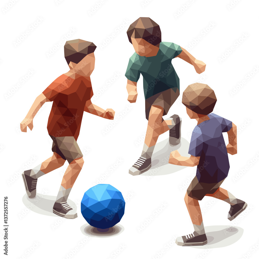 Fototapeta premium Children playing soccer with a blue ball in a geometric style 