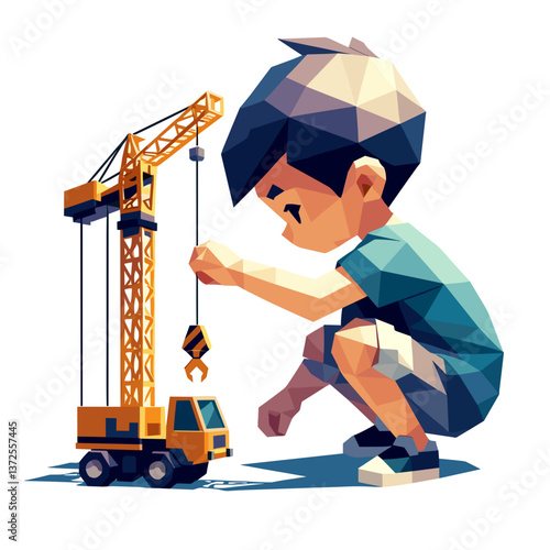 Boy playing with construction crane toy in a colorful style  