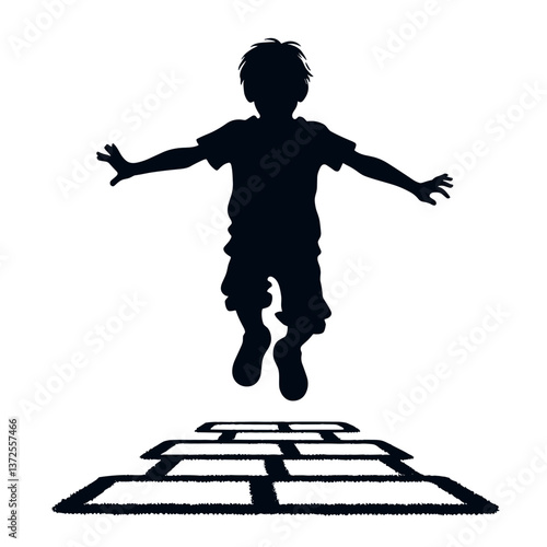Silhouette of boy jumping playfully on hopscotch court  