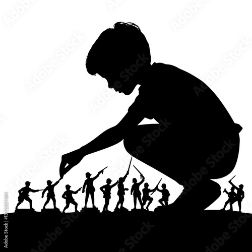 Child Playing with Toy Soldiers in Silhouette  