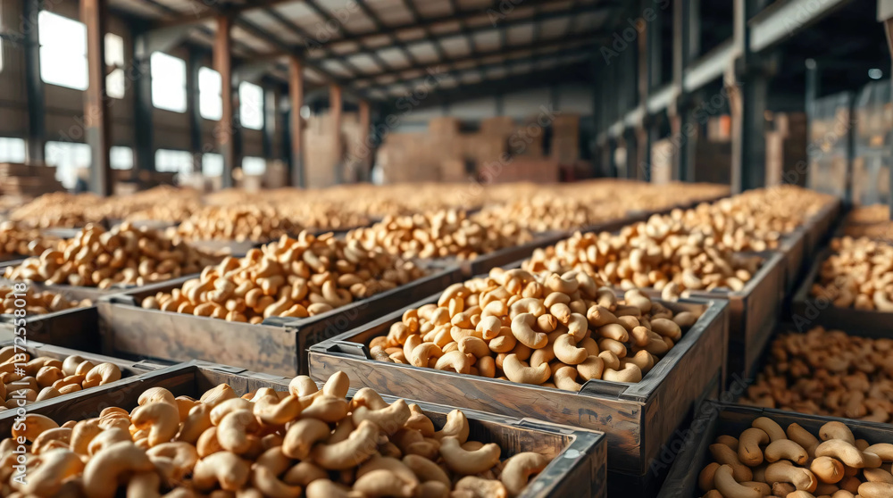 Cashew nuts are harvested in wooden boxes in a warehouse. Cashew nuts are harvested in wooden boxes in a warehouse.