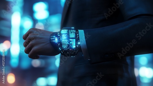 Futuristic smartwatch on a businessman's wrist.