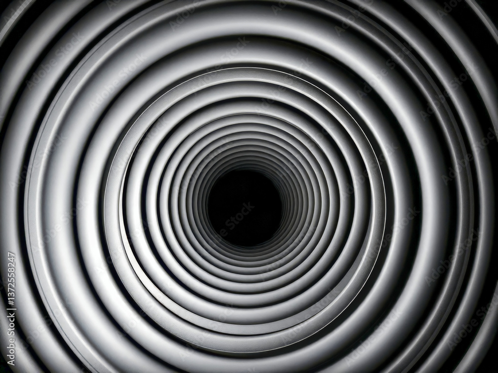 A large, circular image with a hole in the center. The image is made up of many small circles, creating a sense of depth and movement. Scene is mysterious and intriguing