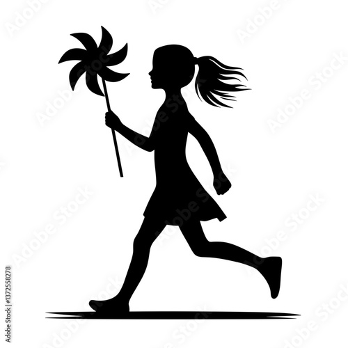 Girl running joyfully with a pinwheel silhouette against white  