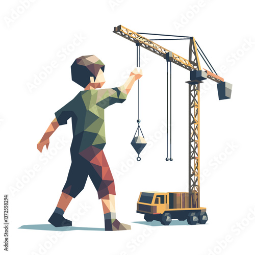 Boy interacting with construction crane in a geometric style  