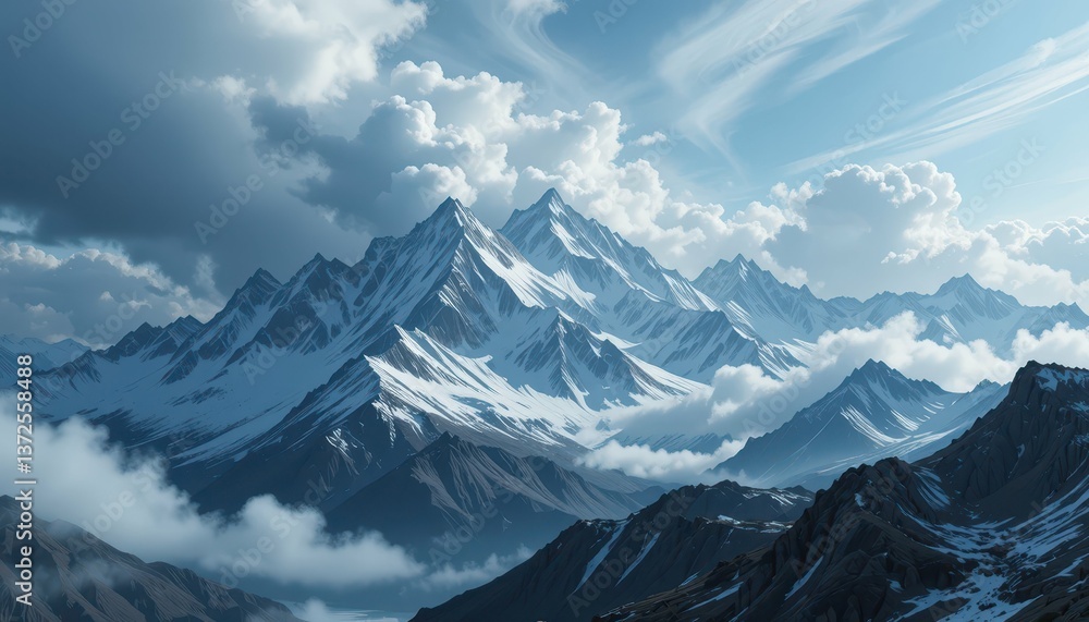 Fototapeta premium Majestic Snow-Capped Mountains Under Dramatic Cloudy Sky
