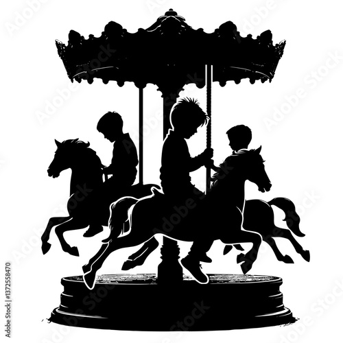 Children enjoying a carousel ride in silhouette  