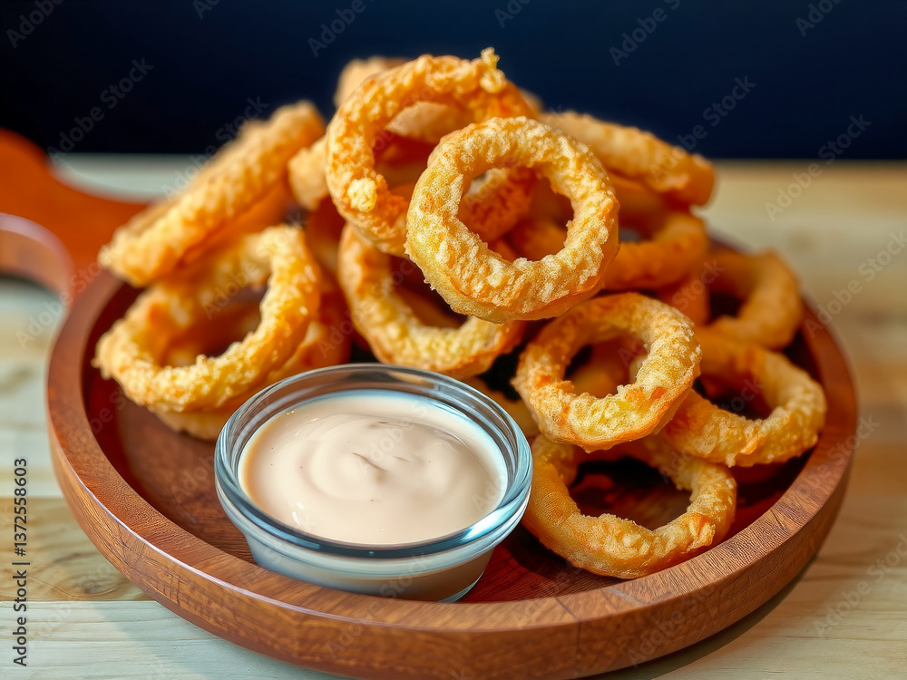 A plate of fried onion rings with a dipping sauce. The plate is on a wooden table. The onion rings are golden brown and appear to be freshly cooked. The dipping sauce is in a small glass bowl