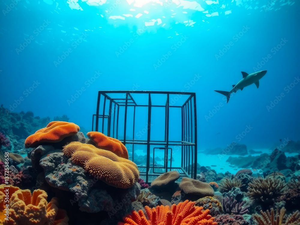 A shark is swimming in front of a cage. The cage is surrounded by colorful coral and other sea life