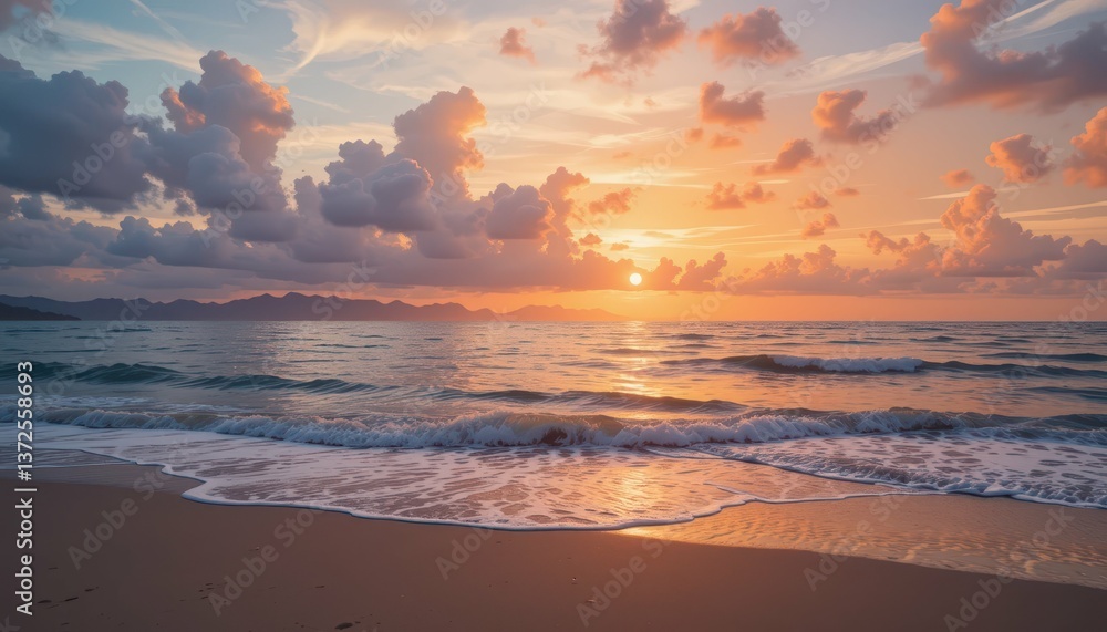 Serene Sunset Over Tranquil Beach With Gentle Waves and Clouds Serene Sunset Over Tranquil Beach With Gentle Waves and Clouds