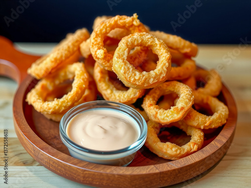 Obraz na płótnie A plate of fried onion rings with a dipping sauce. The plate is on a wooden table. The onion rings are golden brown and appear to be freshly cooked. The dipping sauce is in a small glass bowl w salonie