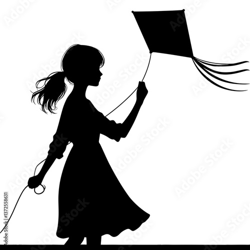 Girl flying a kite joyfully against a bright sky  