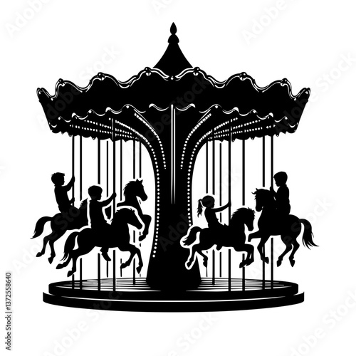 Carousel silhouette with children enjoying a ride  