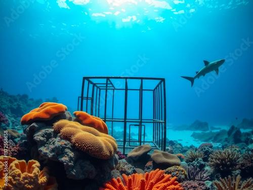 Obraz na płótnie A shark is swimming in front of a cage. The cage is surrounded by colorful coral and other sea life w salonie