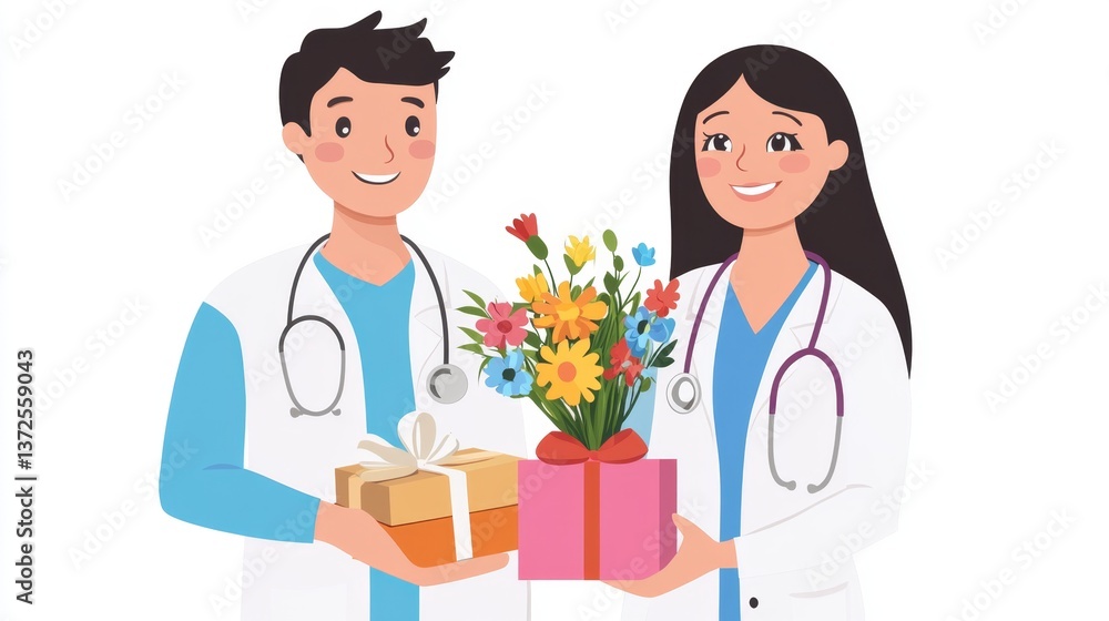 Obraz premium Warm and Inviting Doctors and Nurses Smiling with Gifts and Flowers