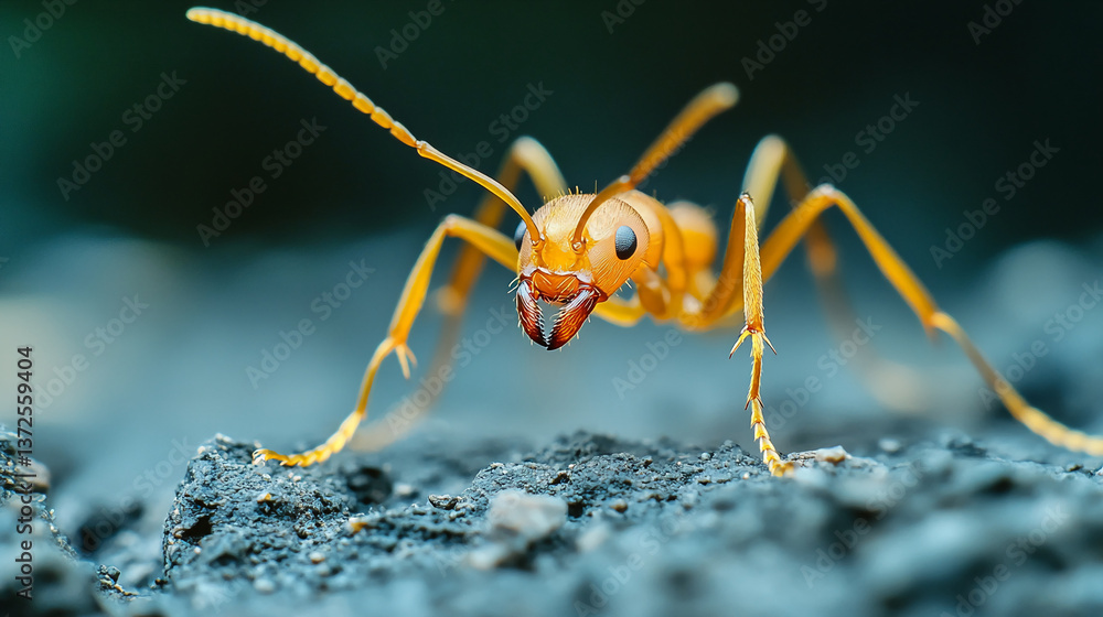 Close-up of amber ant on textured ground, showcasing detailed anatomy and natural environment, representing resilience, nature's detail, and the insect world Close-up of amber ant on textured ground, showcasing detailed anatomy and natural environment, representing resilience, nature's detail, and the insect world