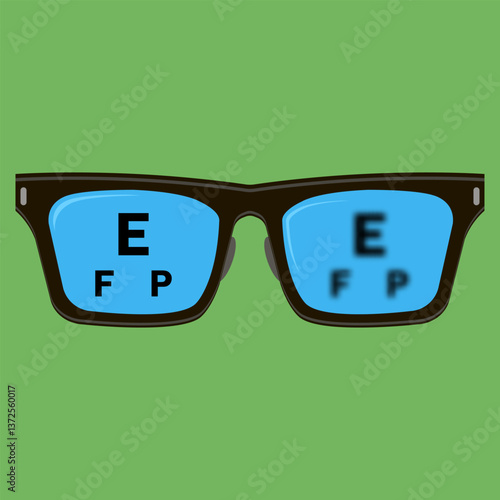 Vector Eyeglasses with zoom effect and eye test health. Reading eye glasses with eye chart exam. Blurred eye chart as symptom of near sightedness and short sightedness.
