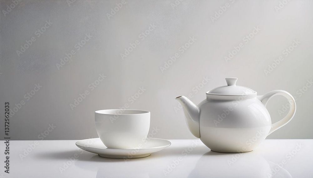 Tea Afternoon - A minimalist tea setup with a single white porcelain cup and a teapot on a smooth, bright surface Tea Afternoon - A minimalist tea setup with a single white porcelain cup and a teapot on a smooth, bright surface