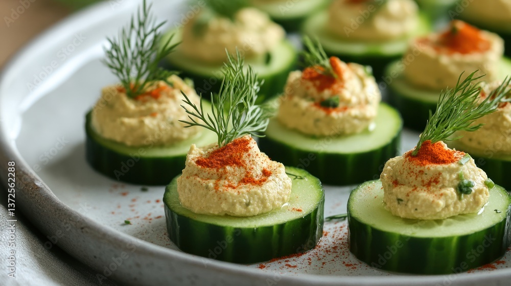 Delightful cucumber rounds crowned with creamy hummus, garnished with fresh dill Delightful cucumber rounds crowned with creamy hummus, garnished with fresh dill