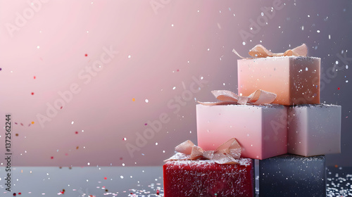A festive display of beautifully wrapped gifts with ribbons and confetti.